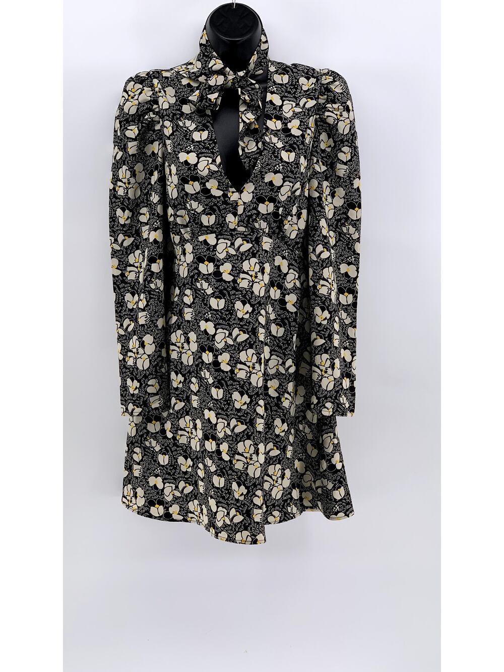 TOPSHOP Women's Black Floral Print Tie Neck Long Sleeve Mini Dress SZ 4